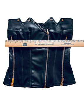 Miss Circle Women's XS Black Faux Leather Gold Zip-Front Strapless Bustier Top